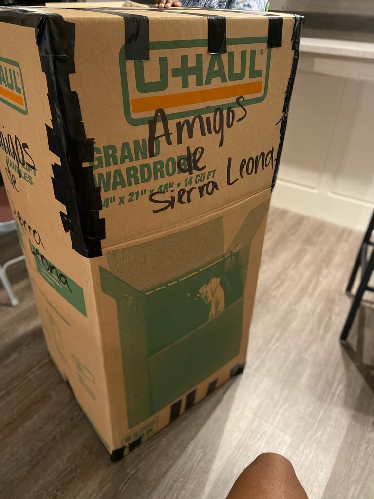 A shipping box labelled for Sierra Leone