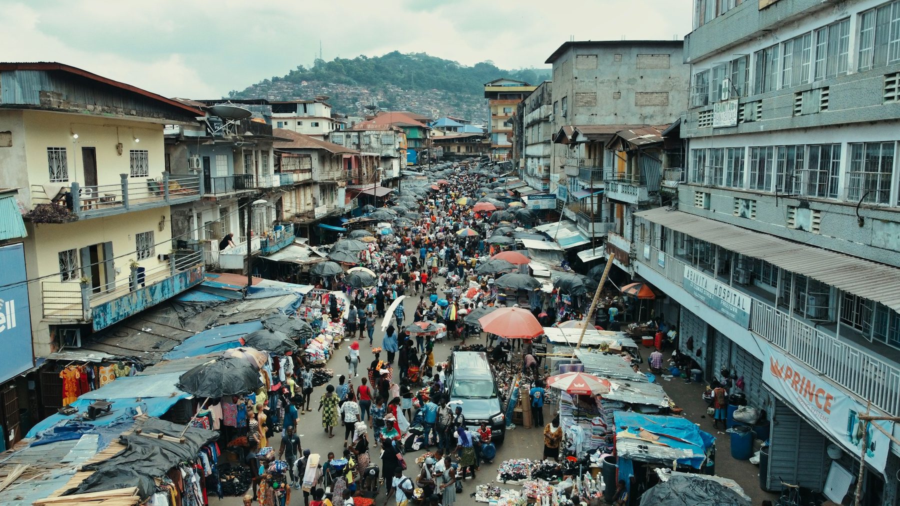 A busy street market in Freetown, Sierra Leone